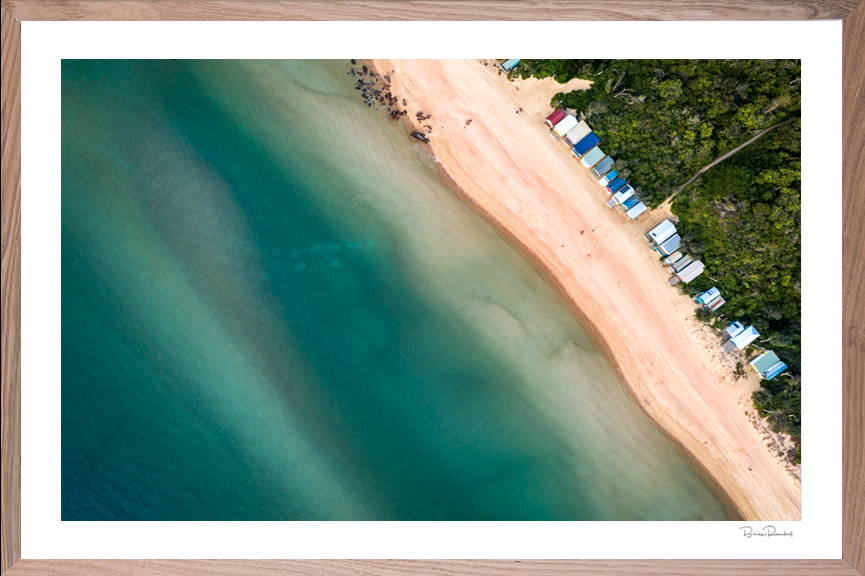 Bay Bliss - Aerial Artwork - Mornington Peninsula - Mills Beach - Beach Boxes - Oak Frame - Brian Randall